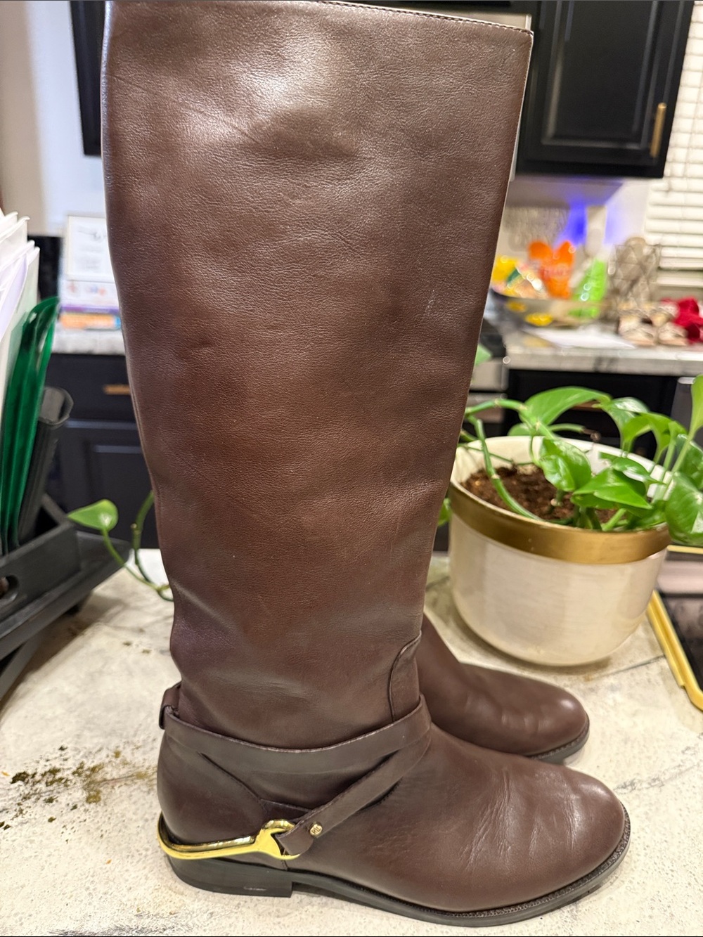 Lauren Ralph Lauren Brown Leather Knee-High Boots with Gold Accent size 7.5